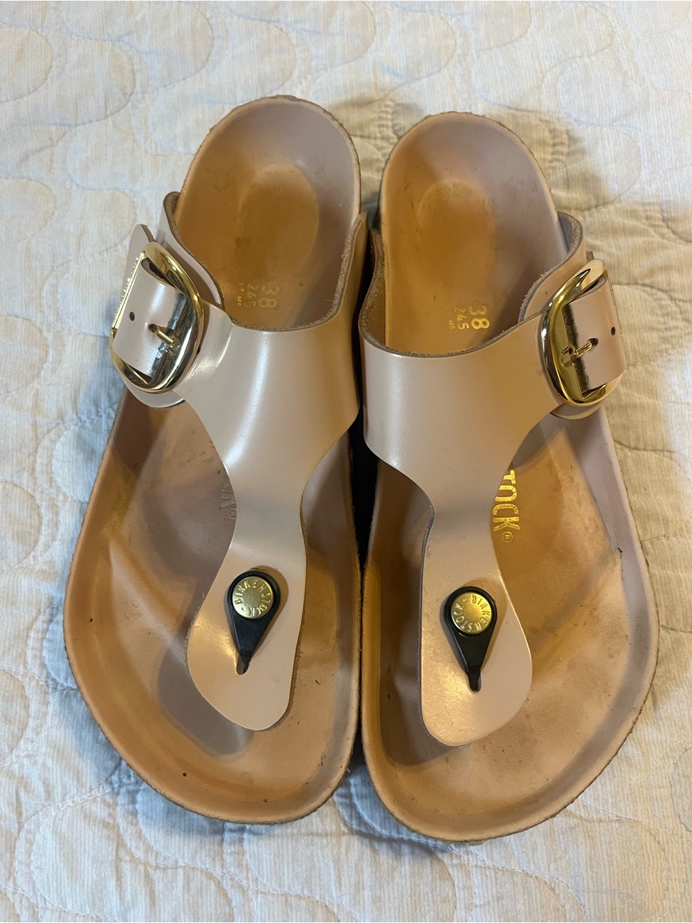 Birkenstock Nude T-Strap Thong Sandals with Gold Buckles